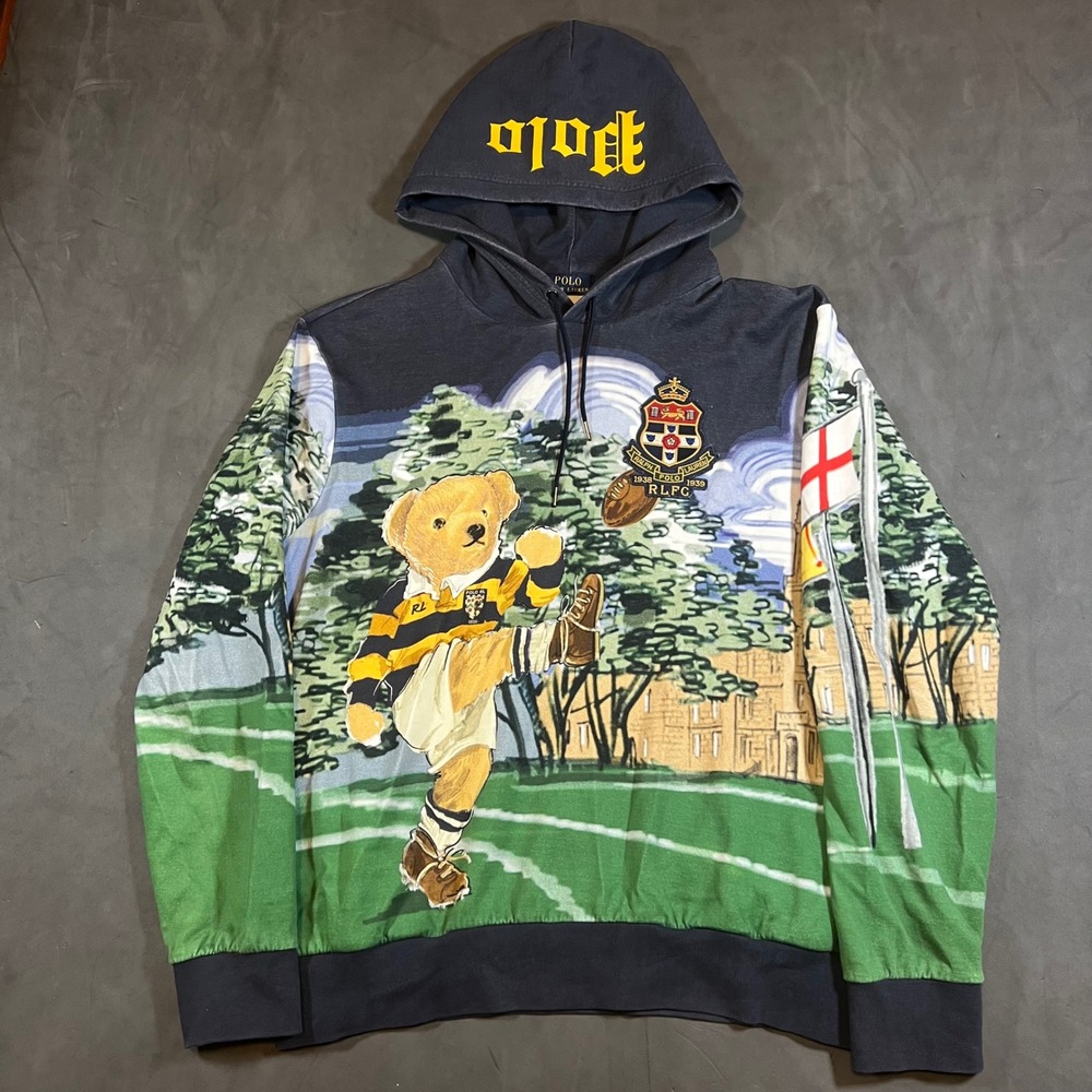 Polo Ralph Lauren Rugby Kicking Bear Hoodie Mens Large Navy Blue AOP Ltd Edition